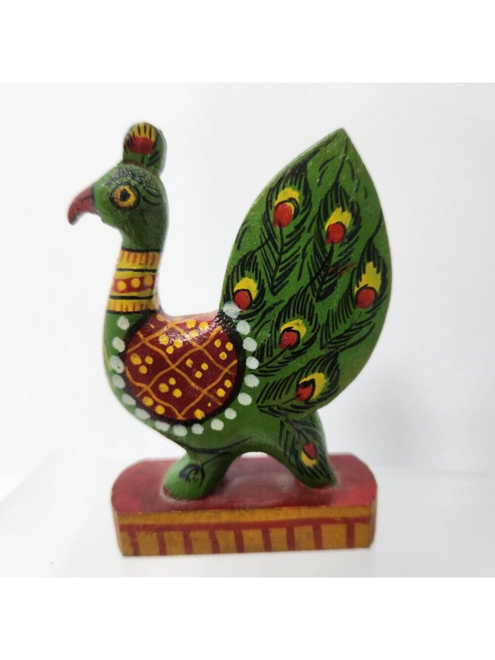 Vintage Hand Painted Wooden Peacock Figurine Folk Art, Carved Wood Bird